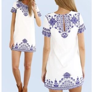 printed t-shirt dress short sleeve blue white Small